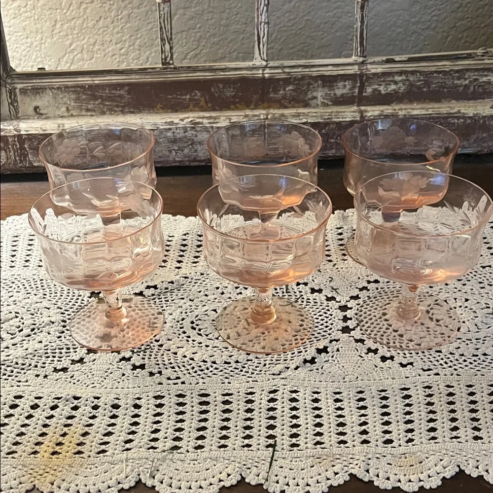Elegant Pink Glass Dessert Cups Set, Depression Glass Vintage - Picture 2 of 8